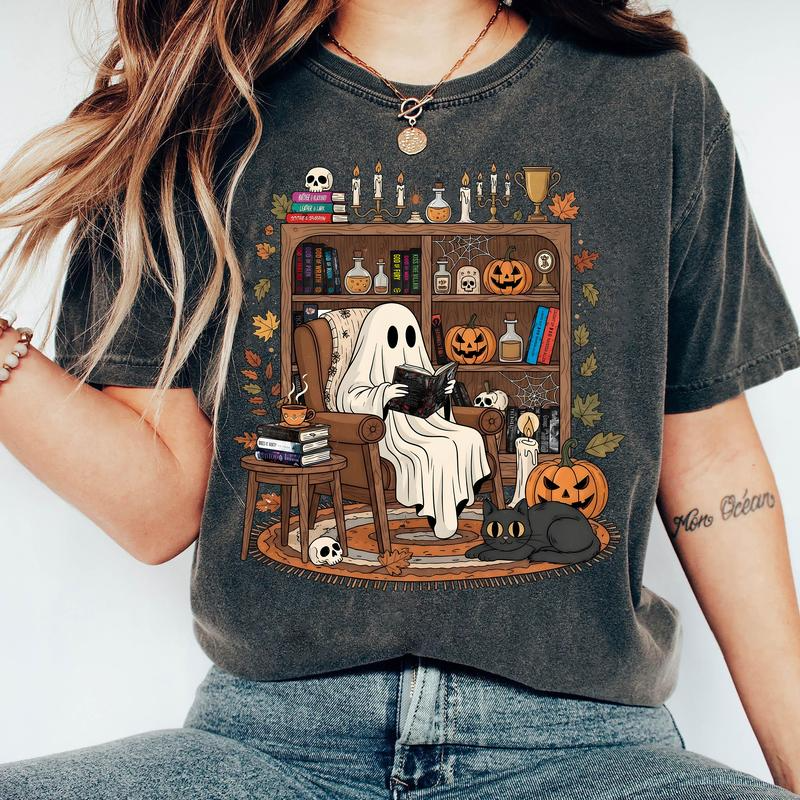 Cozy Reading Ghost Halloween Bookshelf Graphic T-Shirt / Sweatshirt / Hoodie