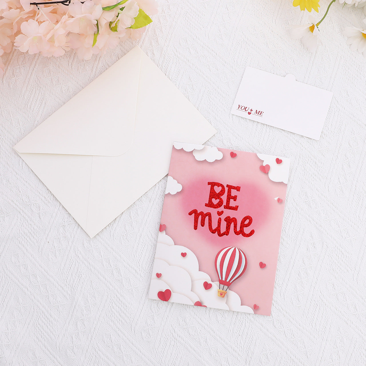 3D Pop Up Hot Air Balloon Greeting Card - Romantic "Be Mine" Heart Clouds Design