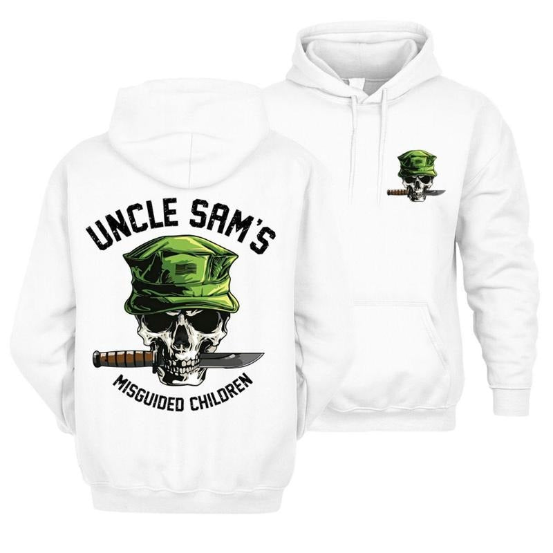 Uncle Sam's Misguided Children Skull with Green Military Cap and Combat Knife Graphic T-Shirt / Sweatshirt / Hoodie