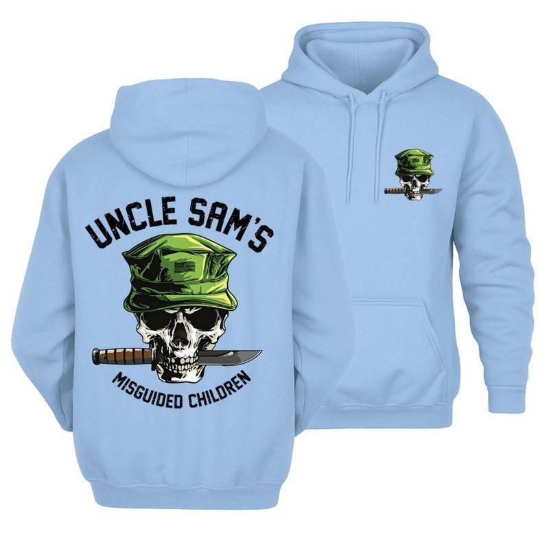Uncle Sam's Misguided Children Skull with Green Military Cap and Combat Knife Graphic T-Shirt / Sweatshirt / Hoodie