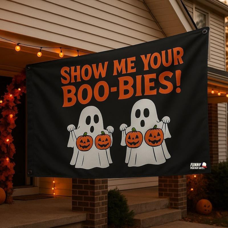 Funny Halloween Flag – “Show Me Your Boo-bies” Ghost Party Banner