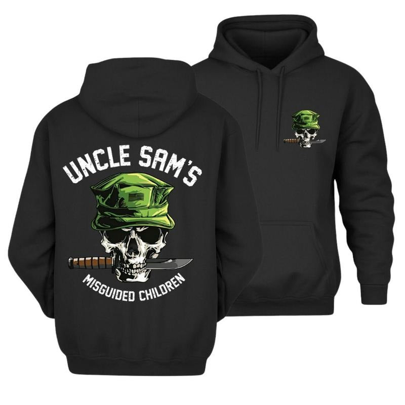 Uncle Sam's Misguided Children Skull with Green Military Cap and Combat Knife Graphic T-Shirt / Sweatshirt / Hoodie