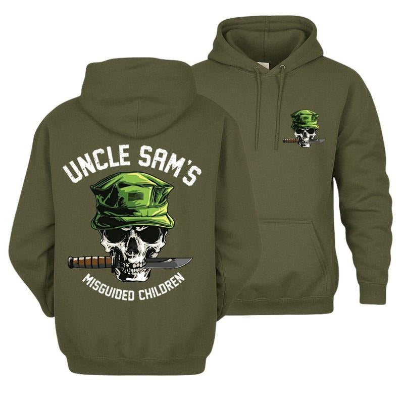 Uncle Sam's Misguided Children Skull with Green Military Cap and Combat Knife Graphic T-Shirt / Sweatshirt / Hoodie
