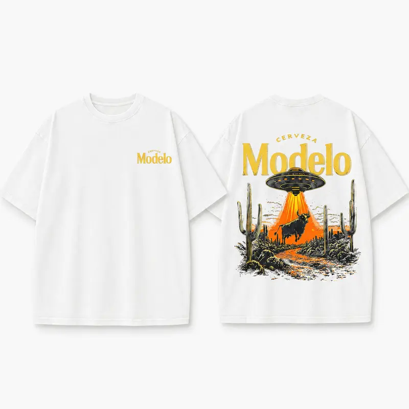 UFO Abducting Bull In Desert Cactus Scene Bold Text Print T-Shirt / Sweatshirt / Hoodie