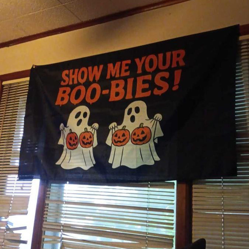Funny Halloween Flag – “Show Me Your Boo-bies” Ghost Party Banner