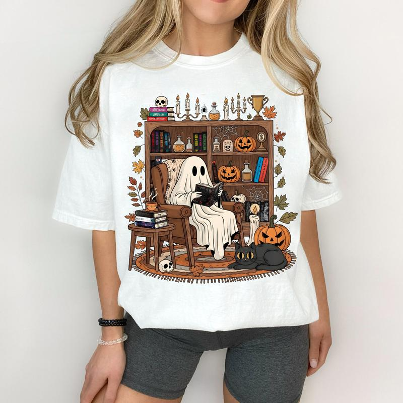 Cozy Reading Ghost Halloween Bookshelf Graphic T-Shirt / Sweatshirt / Hoodie