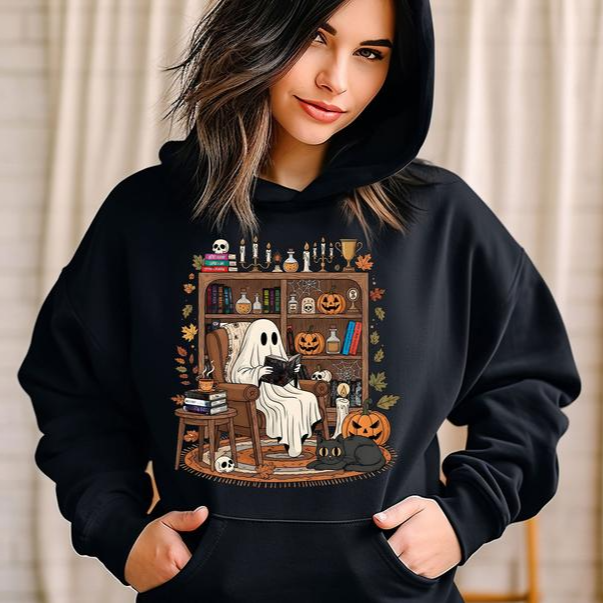 Cozy Reading Ghost Halloween Bookshelf Graphic T-Shirt / Sweatshirt / Hoodie