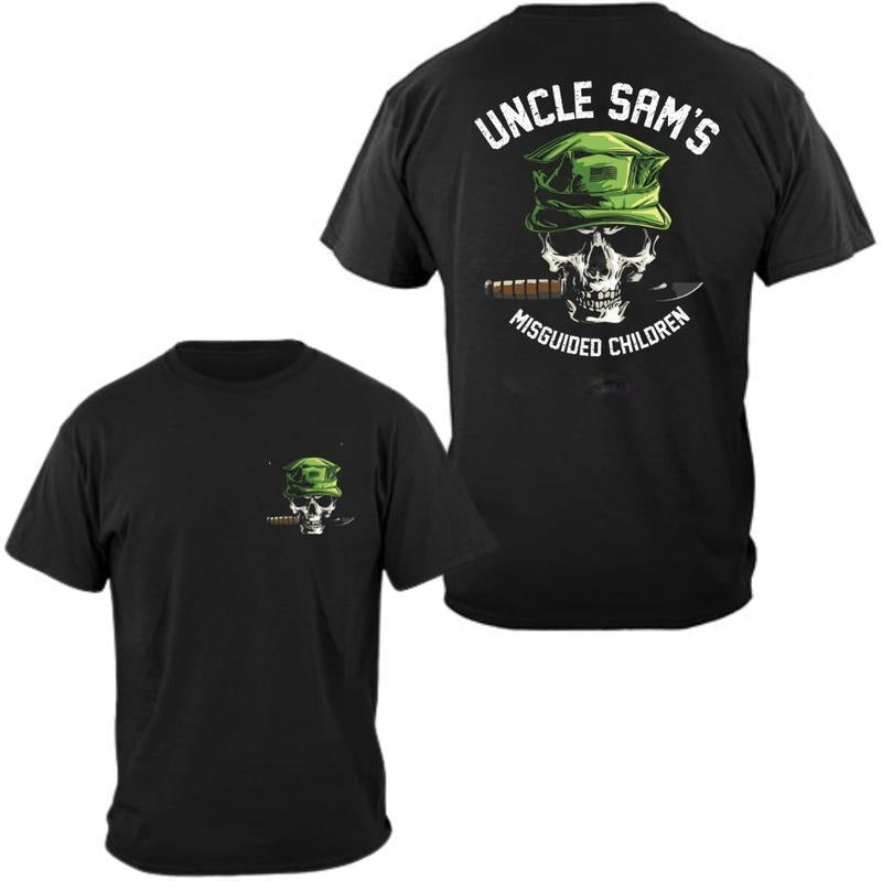 Uncle Sam's Misguided Children Skull with Green Military Cap and Combat Knife Graphic T-Shirt / Sweatshirt / Hoodie