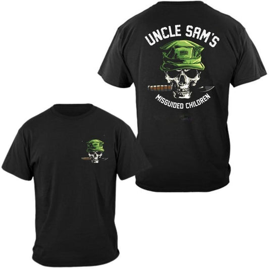 Uncle Sam's Misguided Children Skull with Green Military Cap and Combat Knife Graphic T-Shirt / Sweatshirt / Hoodie